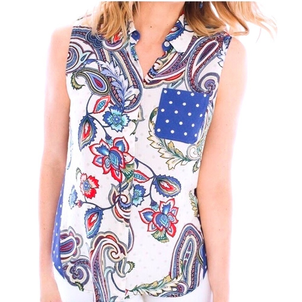 Chico's Top Paisley Floral Polka Dot Mixed Print Sleeveless Button Down 1‎